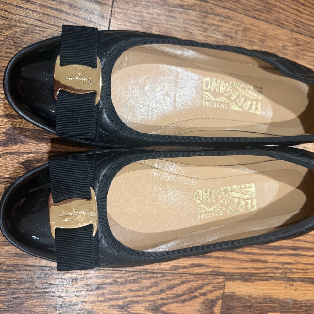 Salvatore Ferragamo Black Flats with Gold Buckle